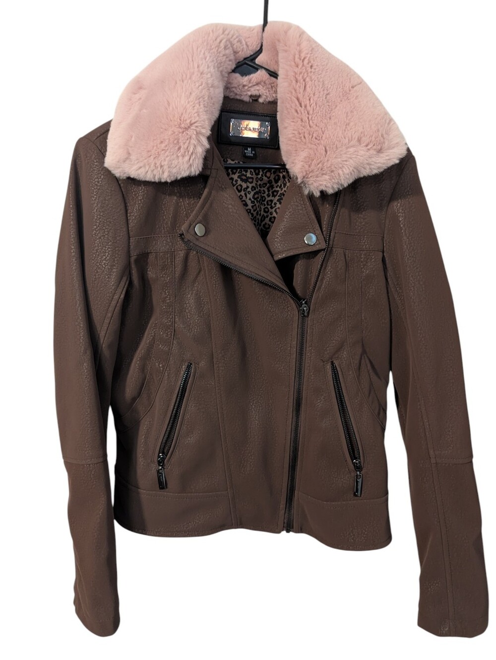 Joujou,Vegan Brown Moto Jacket with Pink Faux Fur Collar, Size M